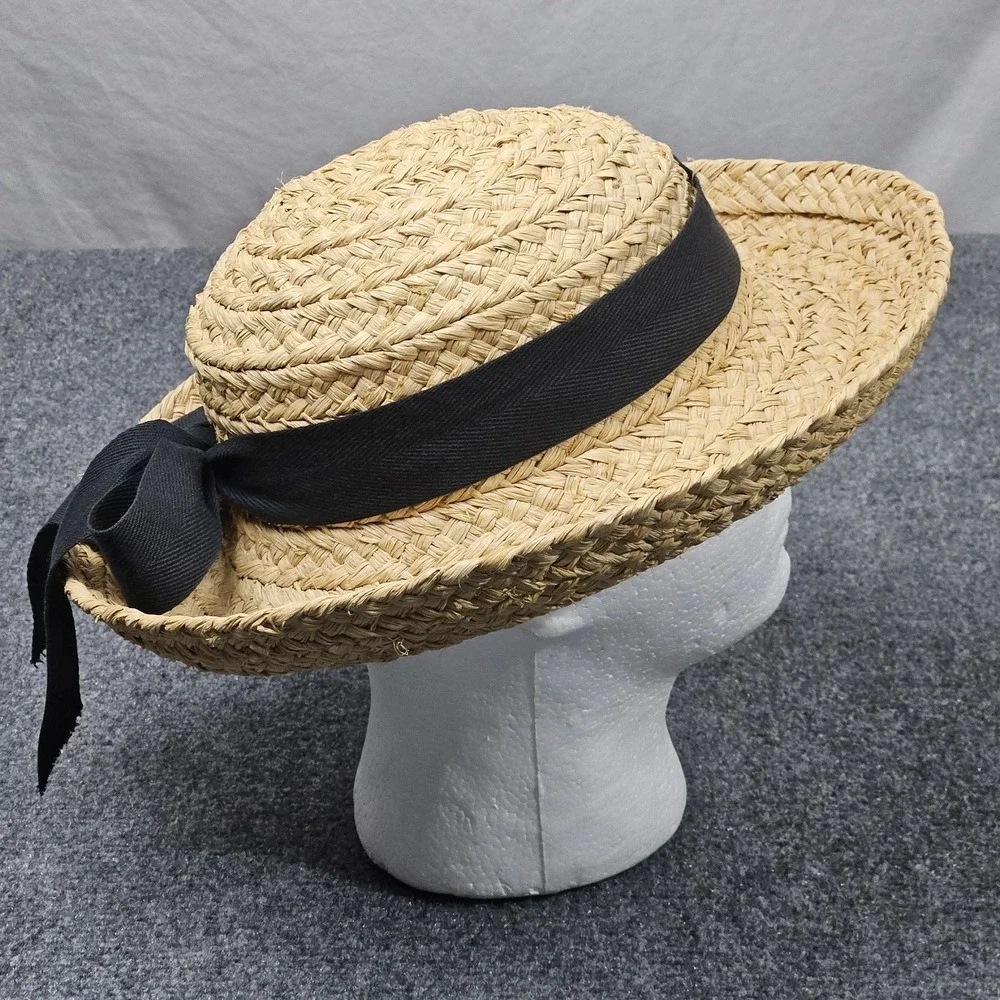 Vintage Helen Kaminski Straw Boater Hat Womens Tan Black Ribbon Raffia Boho 90s